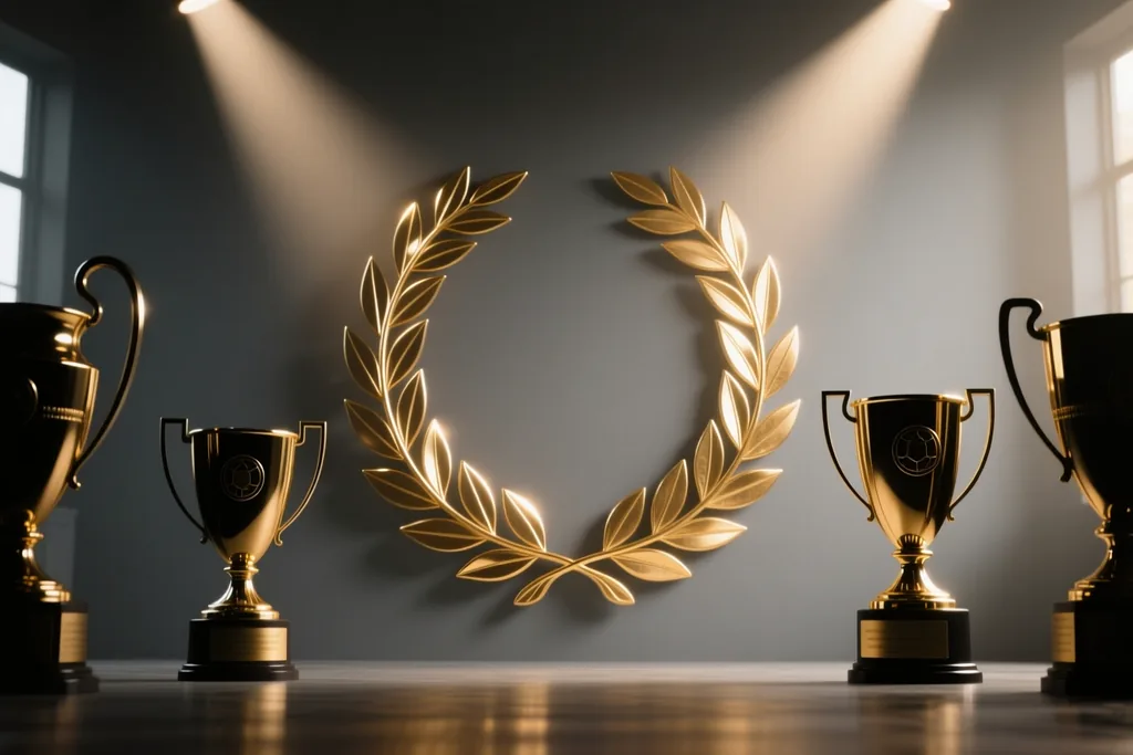 A laurel wreath and trophy silhouettes on graphite