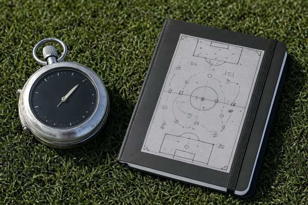 A stopwatch and an analyst's notebook on grass
