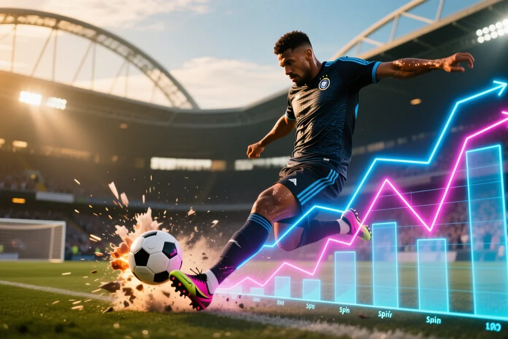 A player striking a ball with a traced trajectory overlay